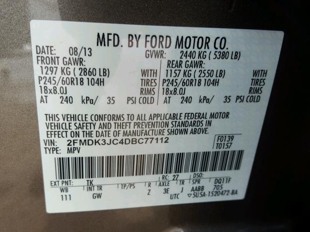 2FMDK3JC4DBC77112 - 2013 FORD EDGE SEL GRAY photo 10