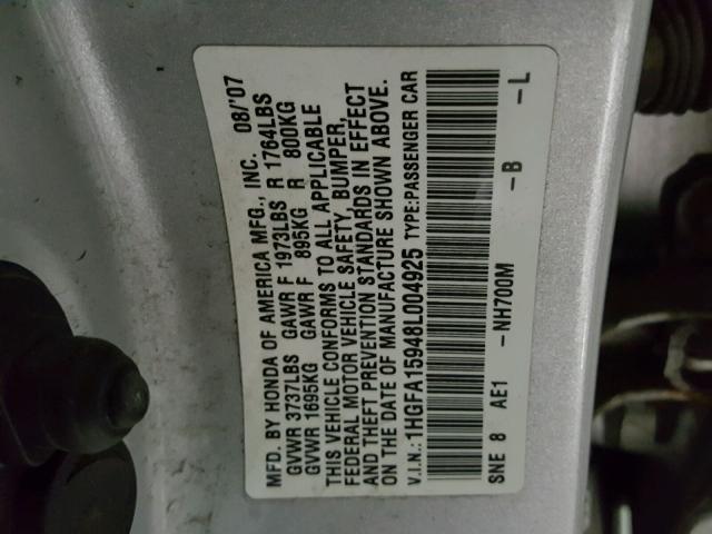 1HGFA15948L004925 - 2008 HONDA CIVIC EXL 银色 照片 10