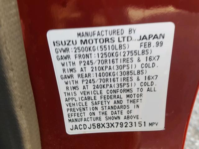 JACDJ58X3X7923151 - 1999 ISUZU TROOPER S RED photo 10