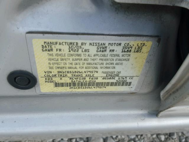 3N1CB51D26L479574 - 2006 NISSAN SENTRA GRAY photo 10