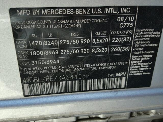 4JGBF7BE7BA641552 - 2011 MERCEDES-BENZ GL 450 4MA SILVER photo 10