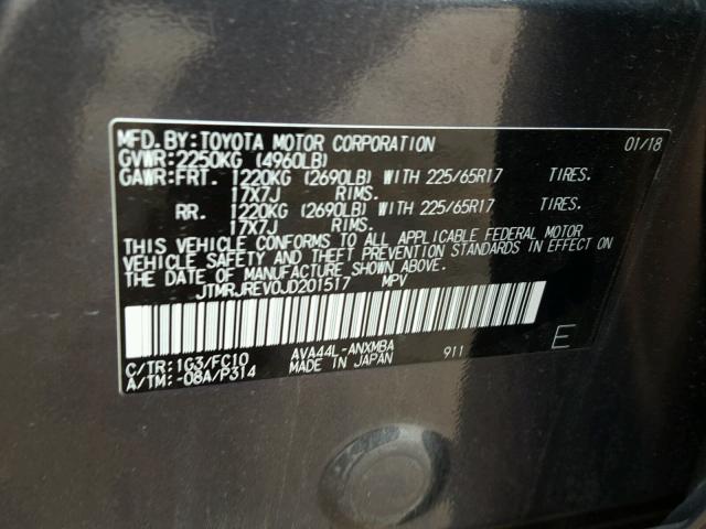 JTMRJREV0JD201517 - 2018 TOYOTA RAV4 HV LE GRAY photo 10