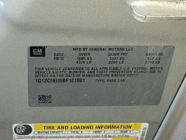 1G1ZC5EU5BF161881 - 2011 CHEVROLET MALIBU 1LT SILVER photo 10