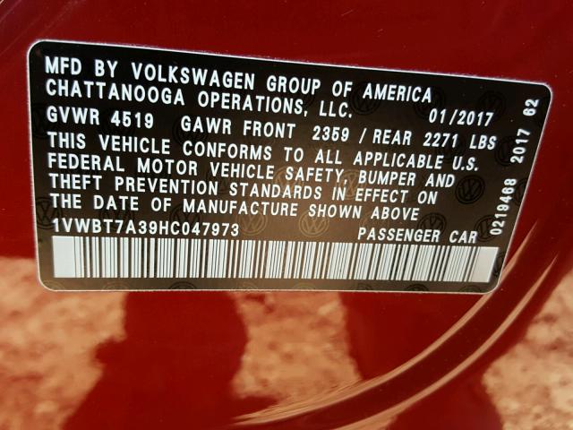 1VWBT7A39HC047973 - 2017 VOLKSWAGEN PASSAT SE RED photo 10