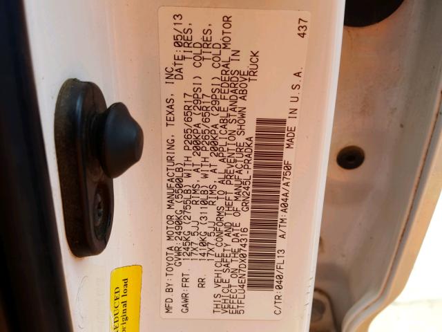 5TFLU4EN7DX074316 - 2013 TOYOTA TACOMA DOU თეთრი ფოტო 10