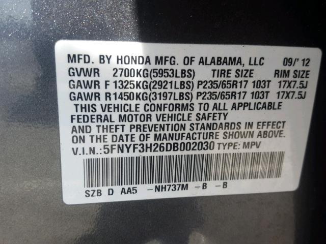 5FNYF3H26DB002030 - 2013 HONDA PILOT LX GRAY photo 10