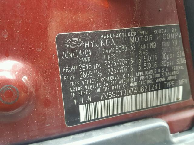 KM8SC13D74U821241 - 2004 HYUNDAI SANTA FE G RED photo 10