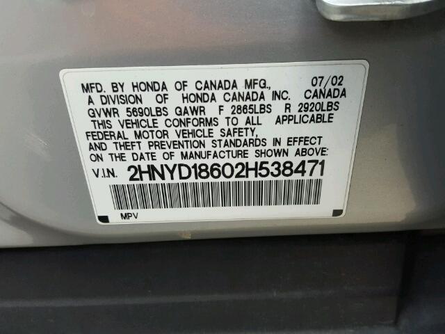 2HNYD18602H538471 - 2002 ACURA MDX SILVER photo 10