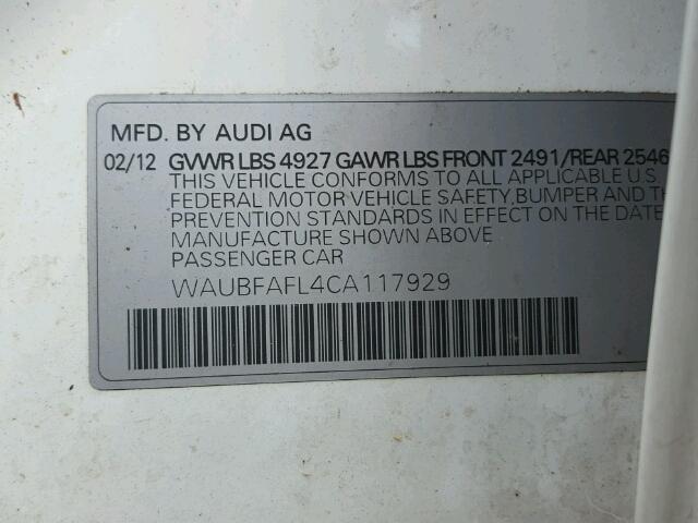 WAUBFAFL4CA117929 - 2012 AUDI A4 WHITE photo 10