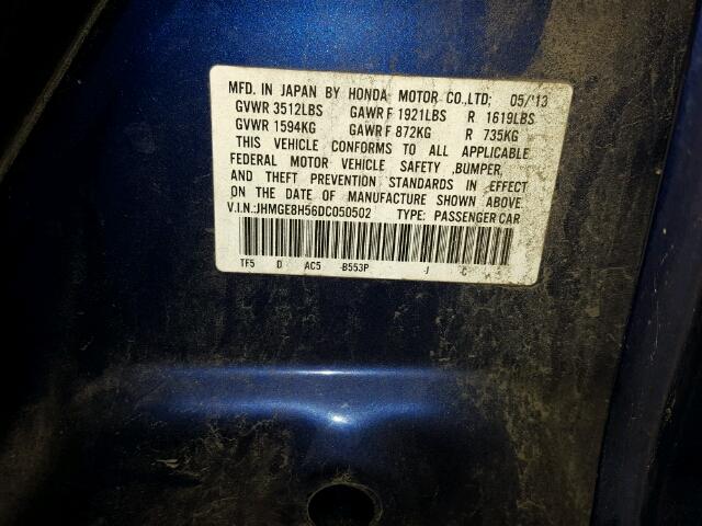 JHMGE8H56DC050502 - 2013 HONDA FIT SPORT BLUE photo 10