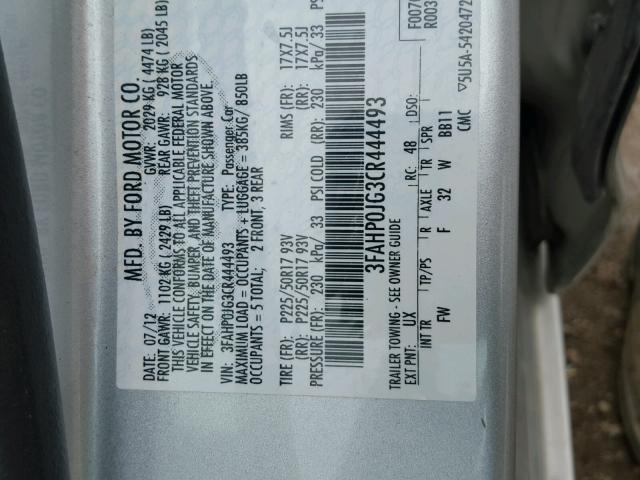 3FAHP0JG3CR444493 - 2012 FORD FUSION SILVER photo 8