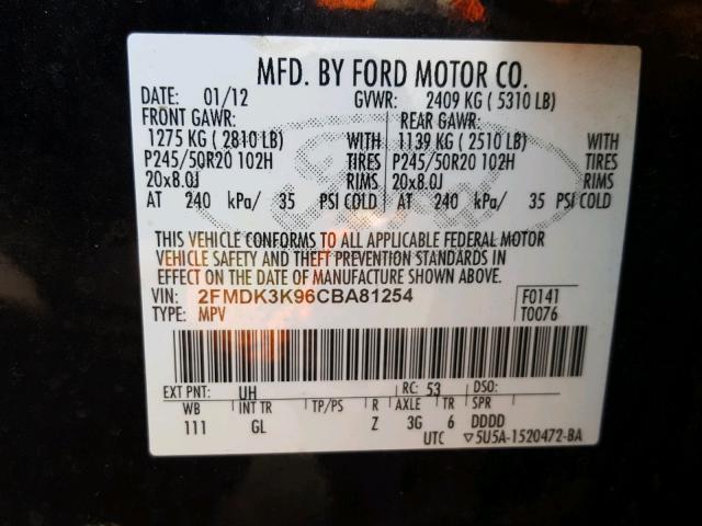 2FMDK3K96CBA81254 - 2012 FORD EDGE LIMIT BLACK photo 10