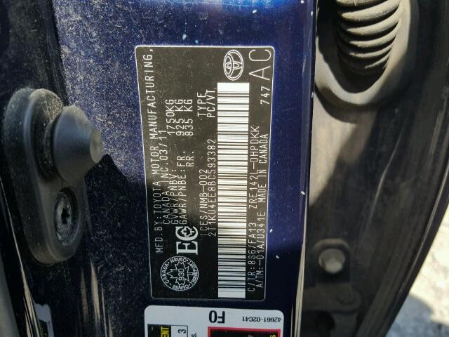 2T1KU4EE8BC593382 - 2011 TOYOTA COROLLA MA BLUE photo 10