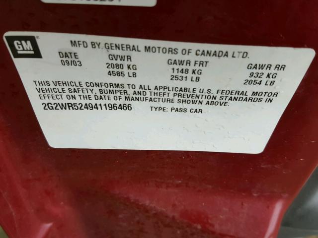 2G2WR524941196466 - 2004 PONTIAC GRAND PRIX MAROON photo 10