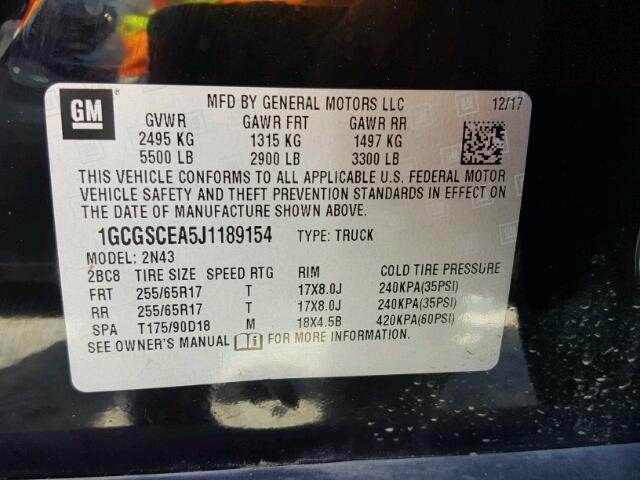 1GCGSCEA5J1189154 - 2018 CHEVROLET COLORADO L BLACK photo 10