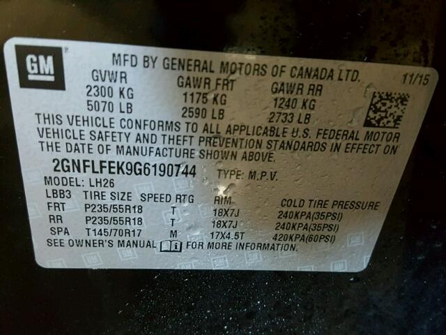 2GNFLFEK9G6190744 - 2016 CHEVROLET EQUINOX LT BLACK photo 10