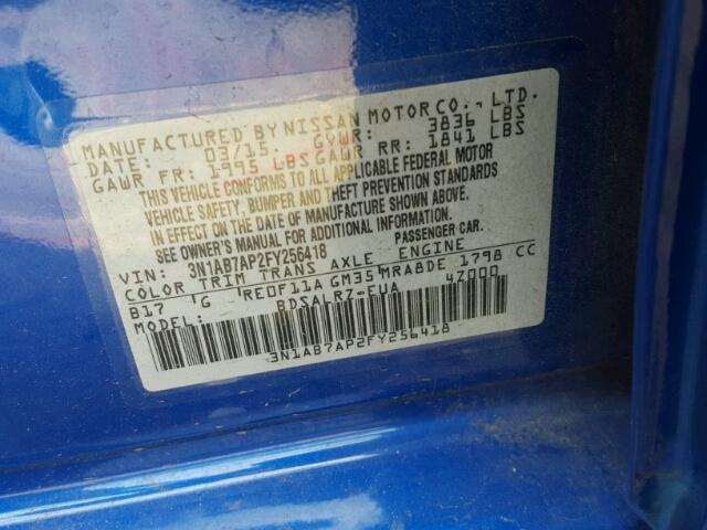 3N1AB7AP2FY256418 - 2015 NISSAN SENTRA BLUE photo 10