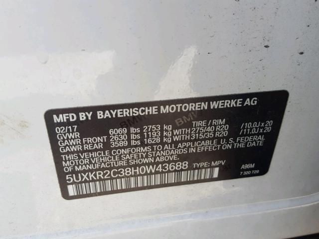 5UXKR2C38H0W43688 - 2017 BMW X5 SDRIVE3 WHITE photo 10