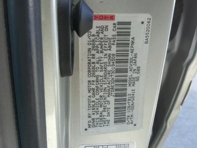 JTDBE32K730194508 - 2003 TOYOTA CAMRY LE SILVER photo 10