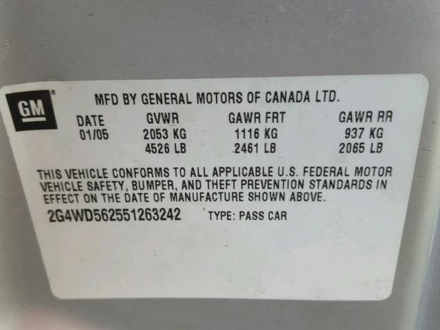 2G4WD562551263242 - 2005 BUICK LACROSSE C SILVER photo 10