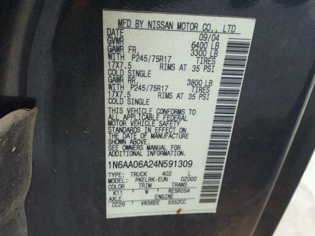 1N6AA06A24N591309 - 2004 NISSAN TITAN XE GRAY photo 10