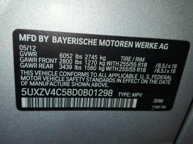 5UXZV4C58D0B01298 - 2013 BMW X5 SILVER photo 10