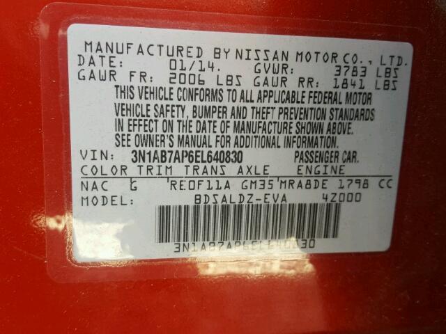 3N1AB7AP6EL640830 - 2014 NISSAN SENTRA S RED photo 10