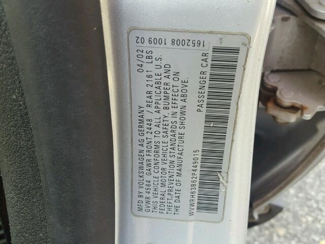 WVWRH63B62P449015 - 2002 VOLKSWAGEN PASSAT GLX 银色 照片 10