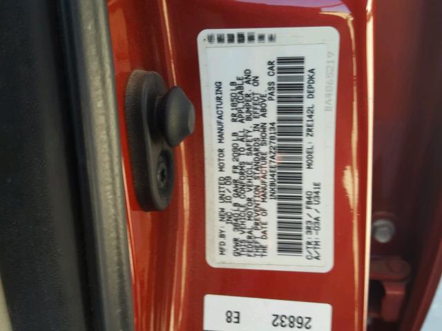 1NXBU4EE7AZ278134 - 2010 TOYOTA COROLLA BA RED photo 10