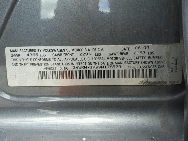 3VWRM71K99M178579 - 2009 VOLKSWAGEN JETTA SE 灰色 照片 10