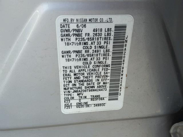 JN8AZ08T96W424473 - 2006 NISSAN MURANO SILVER photo 10