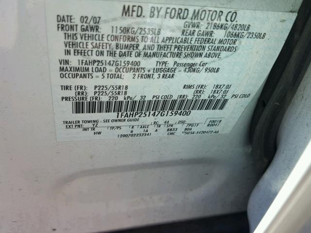 1FAHP25147G159400 - 2007 FORD FIVE HUNDR WHITE photo 10