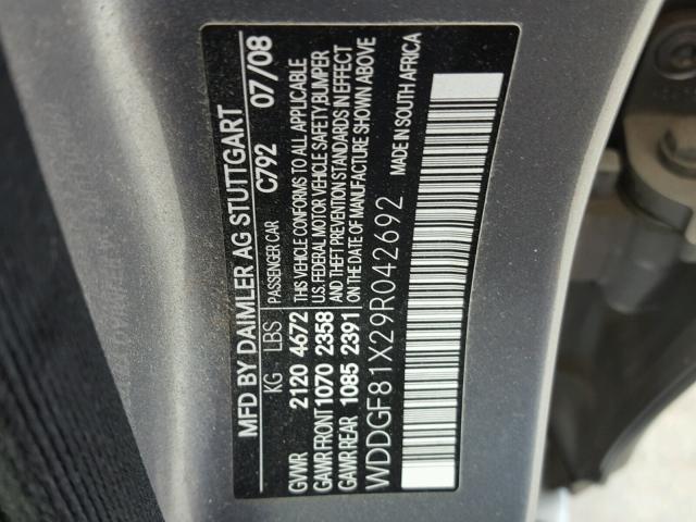 WDDGF81X29R042692 - 2009 MERCEDES-BENZ C300 GRAY photo 10