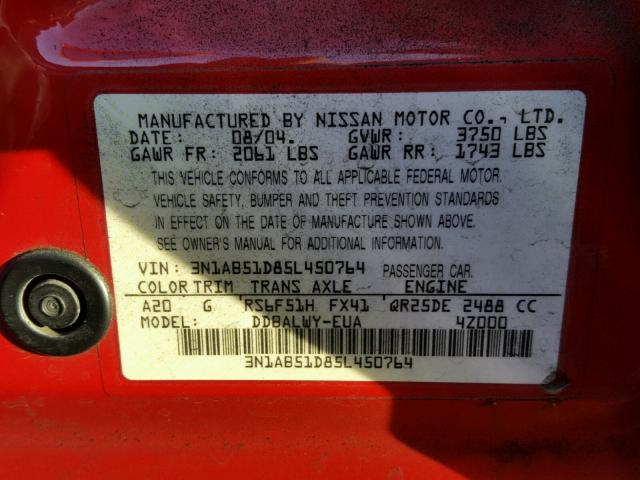 3N1AB51D85L450764 - 2005 NISSAN SENTRA SE- RED photo 10