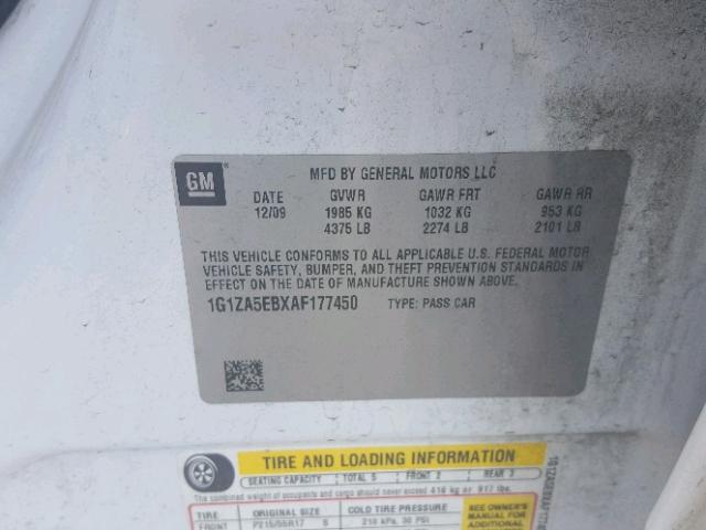 1G1ZA5EBXAF177450 - 2010 CHEVROLET MALIBU LS WHITE photo 10