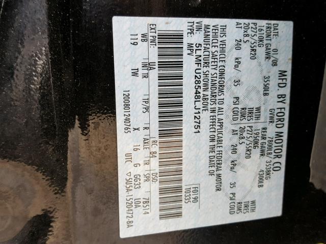 5LMFU28548LJ12751 - 2008 LINCOLN NAVIGATOR შავი ფოტო 10