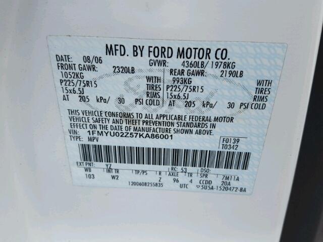 1FMYU02Z57KA86001 - 2007 FORD ESCAPE WHITE photo 10