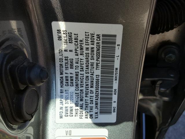 JHMFA362X9S005613 - 2009 HONDA CIVIC HYBR GRAY photo 10