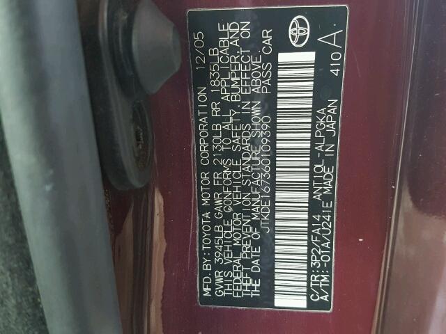 JTKDE167360109390 - 2006 TOYOTA SCION TC 勃艮第红 照片 10