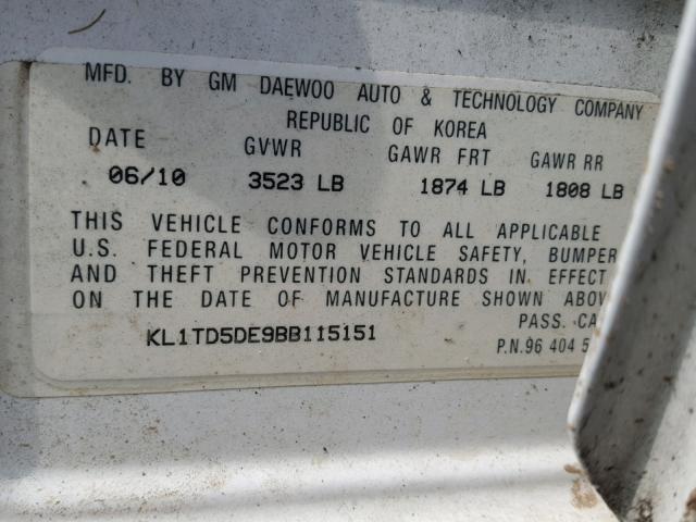 KL1TD5DE9BB115151 - 2011 CHEVROLET AVEO LS WHITE photo 10