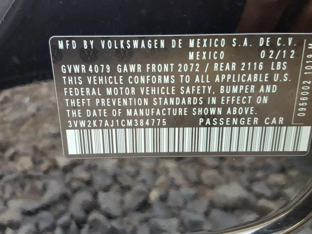 3VW2K7AJ1CM384775 - 2012 VOLKSWAGEN JETTA BASE 黑色 照片 10