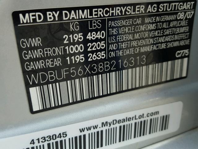 WDBUF56X38B216313 - 2008 MERCEDES-BENZ E 350 SILVER photo 10