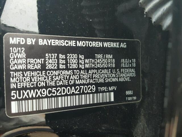 5UXWX9C52D0A27029 - 2013 BMW X3 XDRIVE2 BLACK photo 10