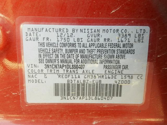 3N1CN7AP1DL860407 - 2013 NISSAN VERSA S RED photo 10