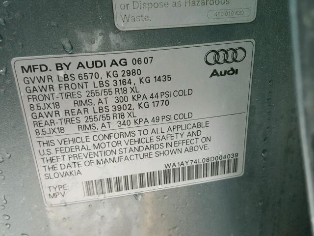 WA1AY74L08D004039 - 2008 AUDI Q7 GREEN photo 10