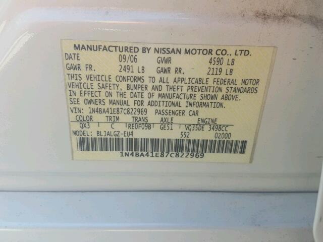 1N4BA41E87C822969 - 2007 NISSAN MAXIMA SE WHITE photo 10