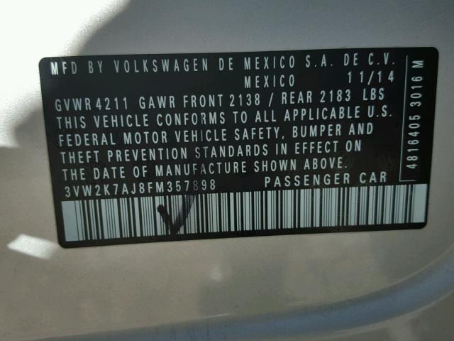 3VW2K7AJ8FM357898 - 2015 VOLKSWAGEN JETTA BASE 银色 照片 10