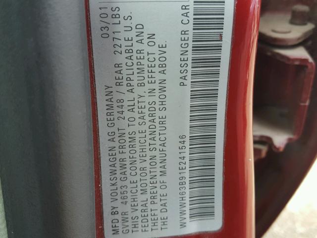 WVWWH63B91E241546 - 2001 VOLKSWAGEN PASSAT GLX MAROON photo 10
