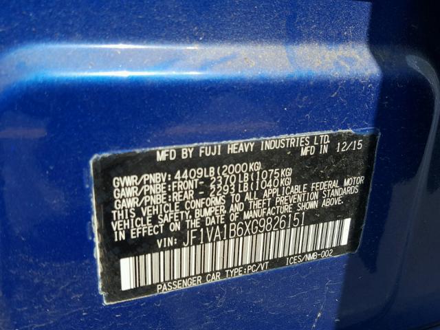 JF1VA1B6XG9826151 - 2016 SUBARU WRX BLUE photo 10