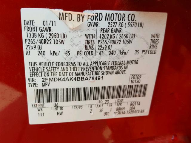 2FMDK4AK4BBA78491 - 2011 FORD EDGE SPORT RED photo 10